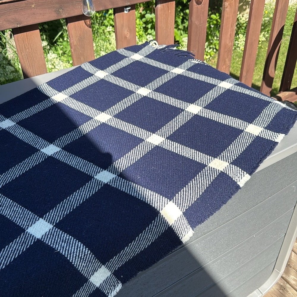100% Wool Plaid Navy and White Throw Blanket 50 X 60 made in Portugal